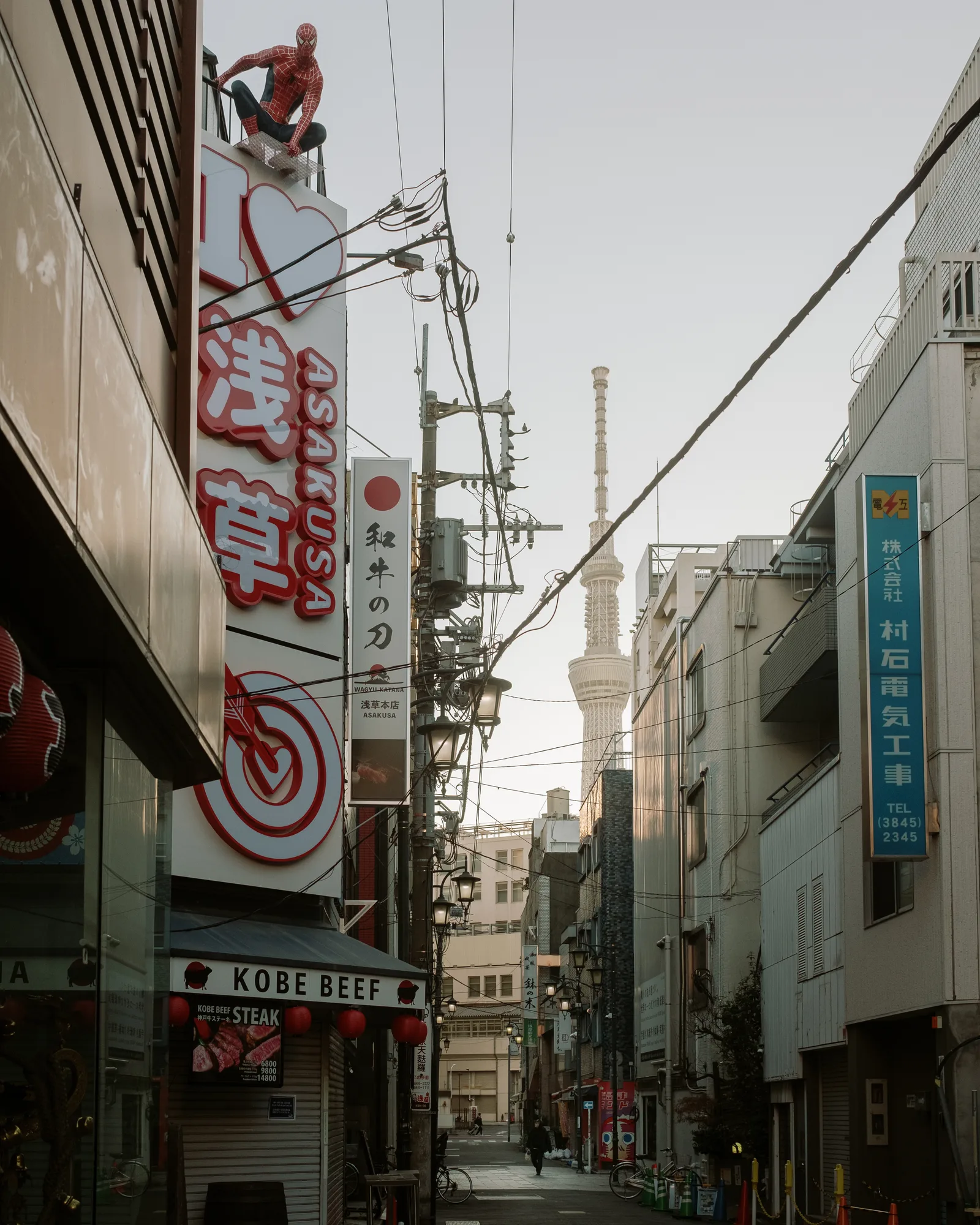 Asakusa street with a red sign and Tokyo Skytree in the distance at dusk