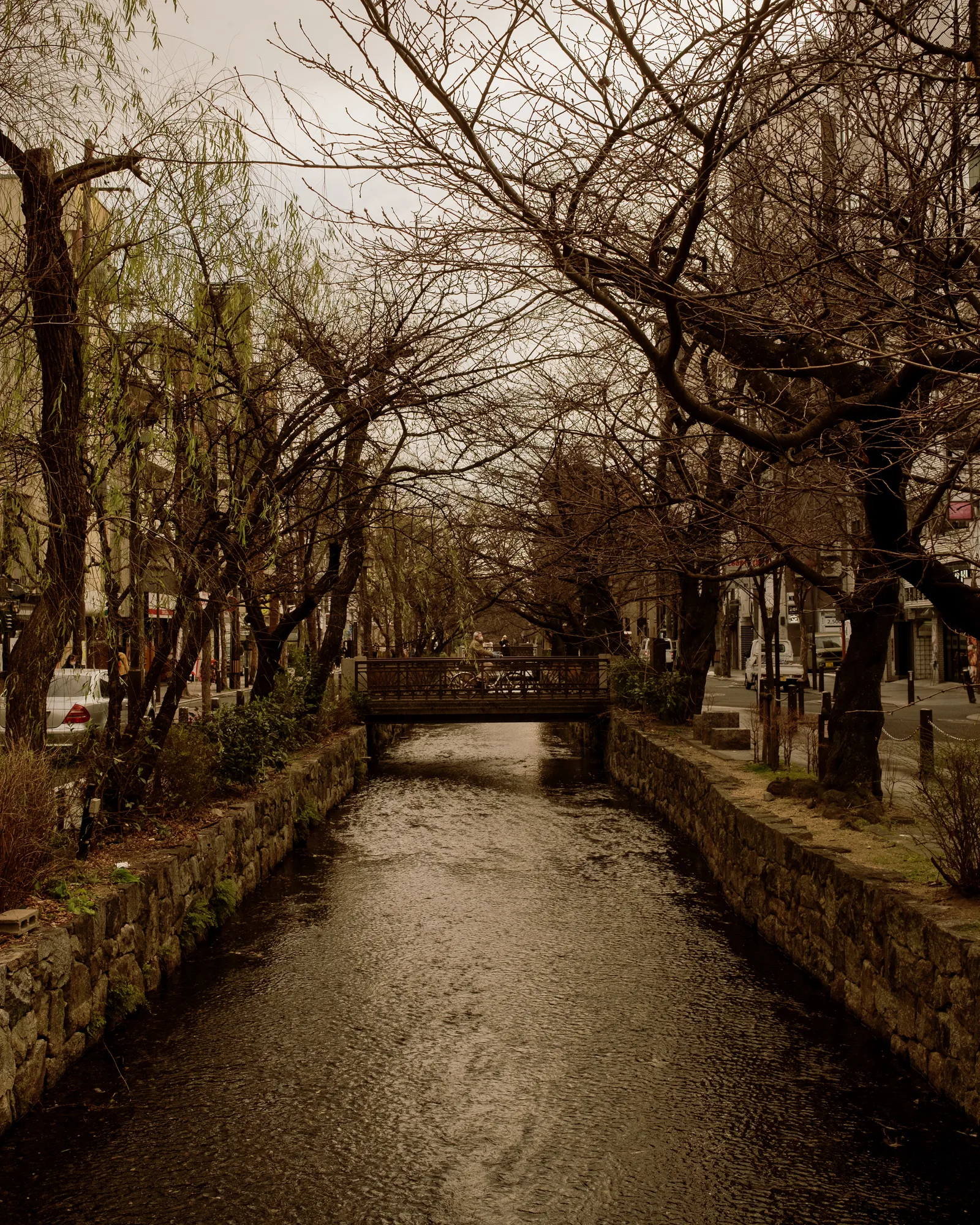 Kyoto canal between stone walls and bare winter trees, a small bridge ahead