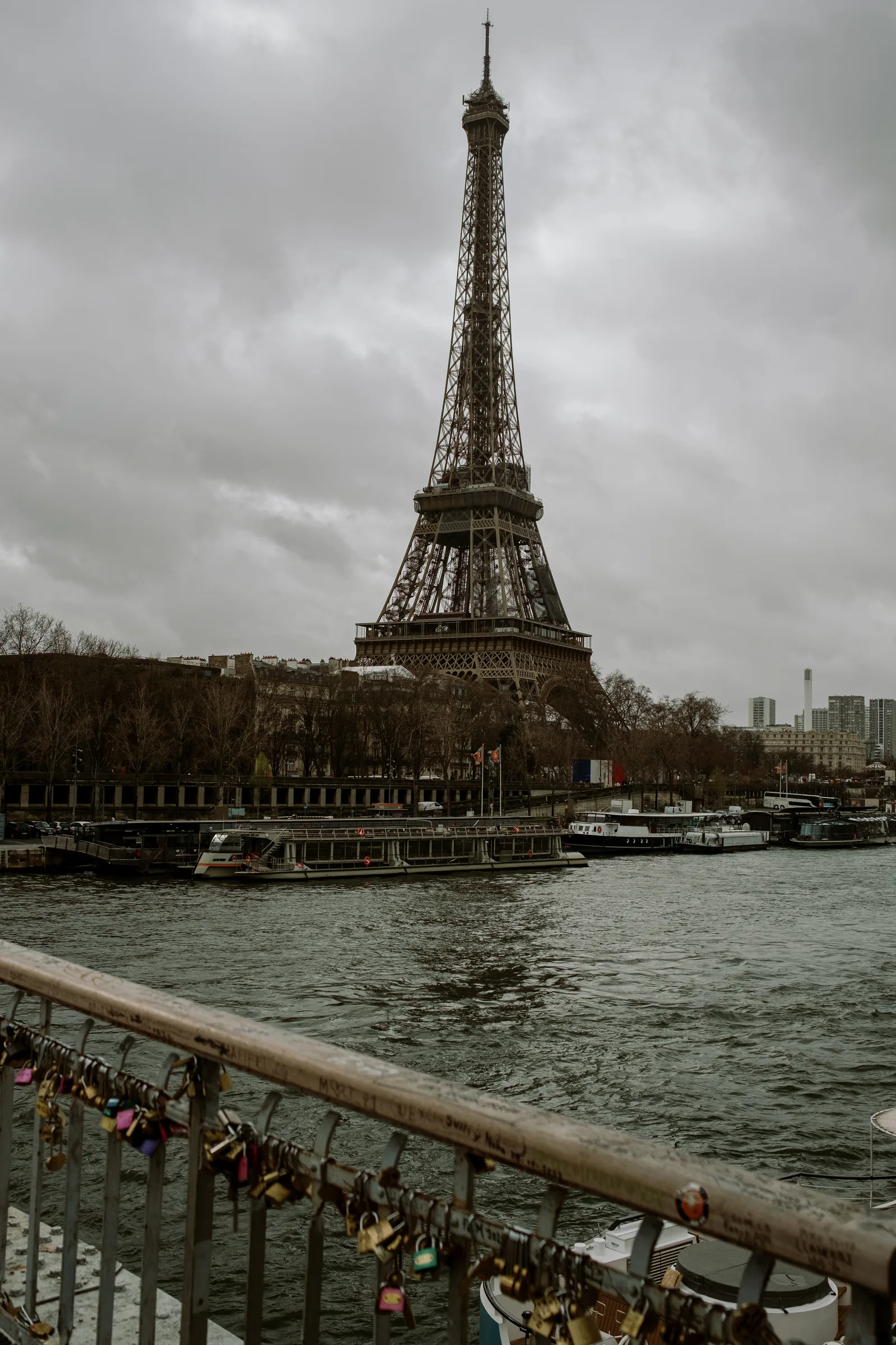 Eiffel Tower across the Seine beyond a railing with padlocks, Paris