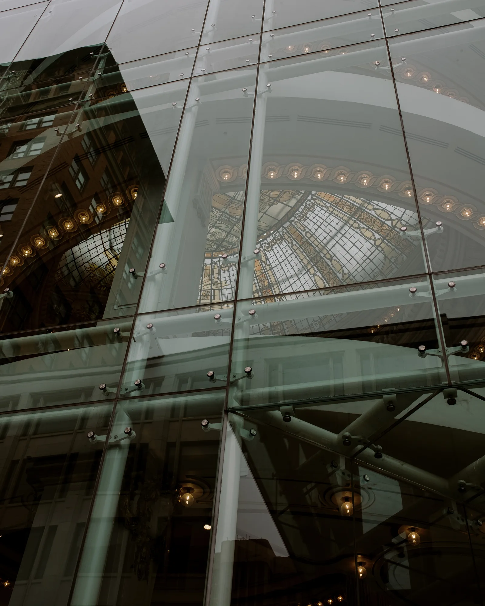 Glass panels and reflected dome and string lights, San Francisco