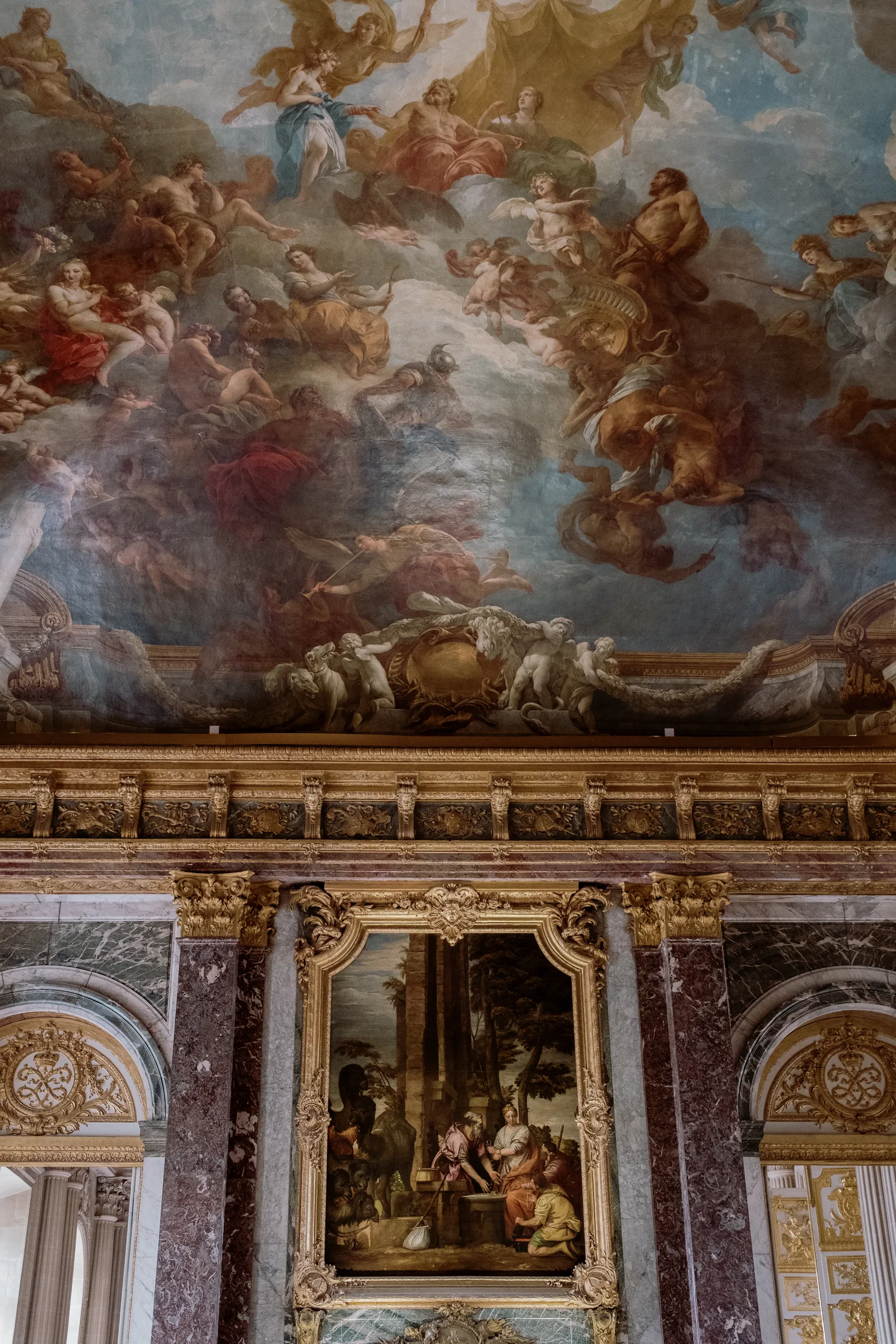 Painted ceiling and gilded cornice in the Hall of Mirrors at Versailles
