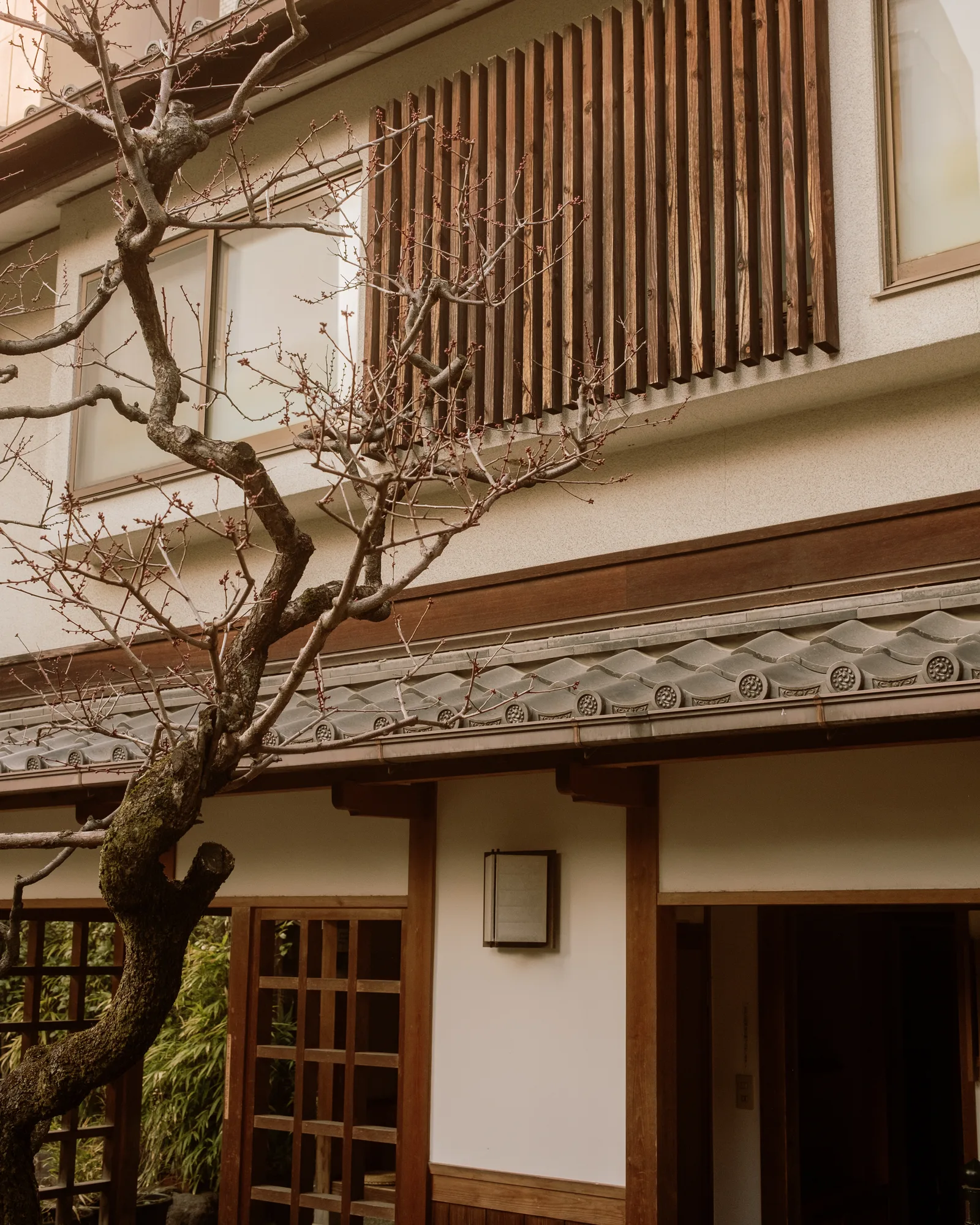 Kyoto house with wooden lattice, white walls and a bare plum tree branch