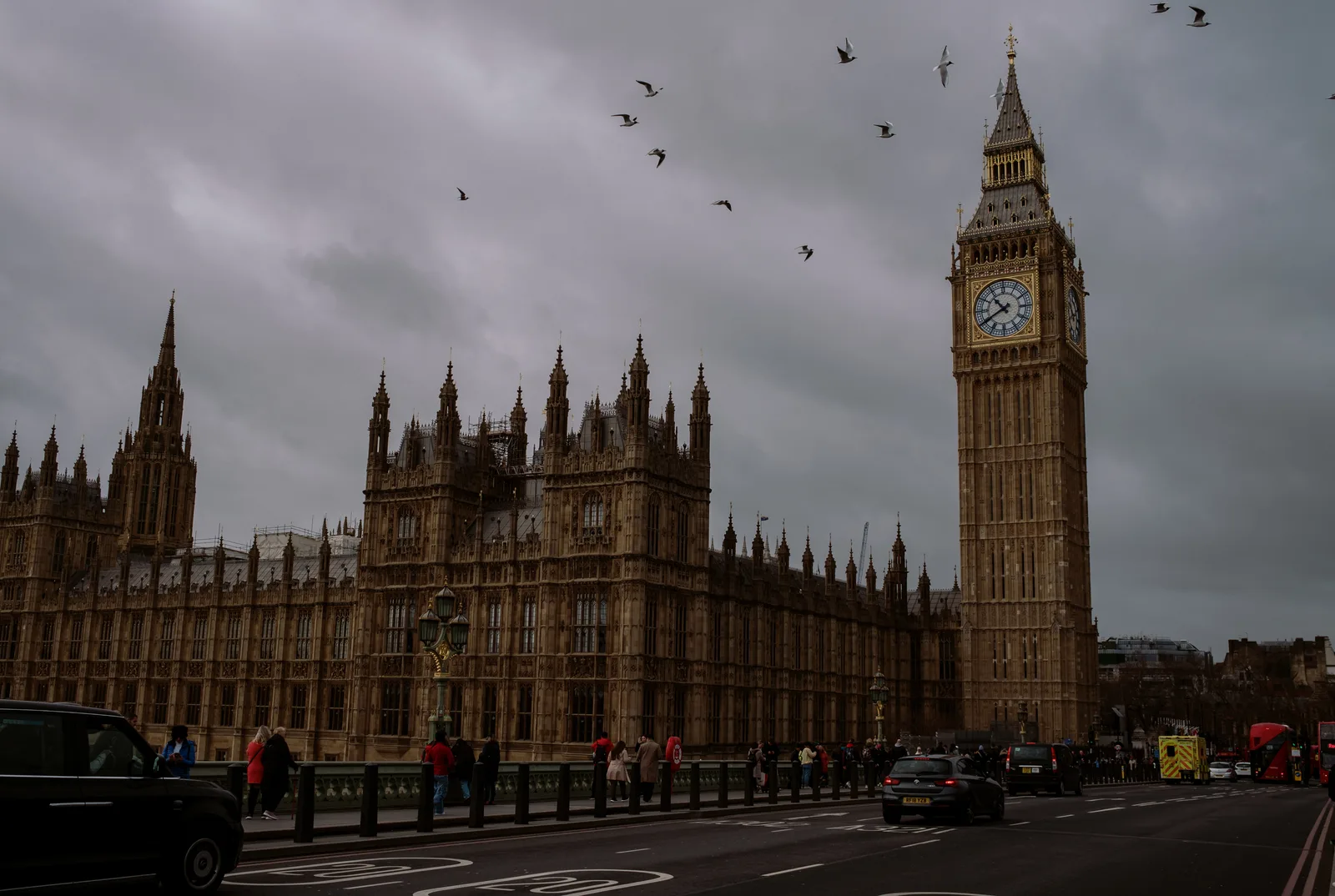 Houses of Parliament and Big Ben under a stormy sky with birds overhead, London