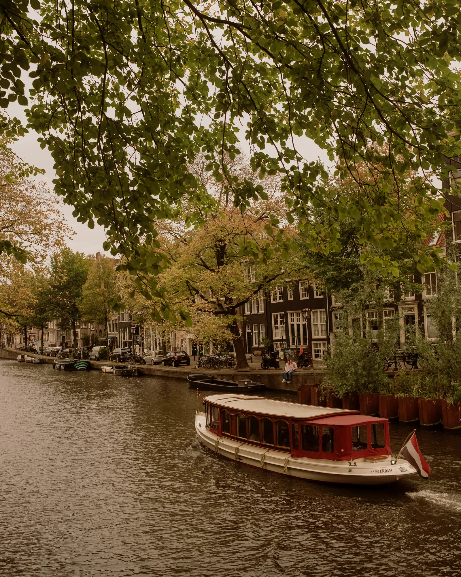 Red-trimmed canal tour boat passing under autumn trees and canal houses in Amsterdam