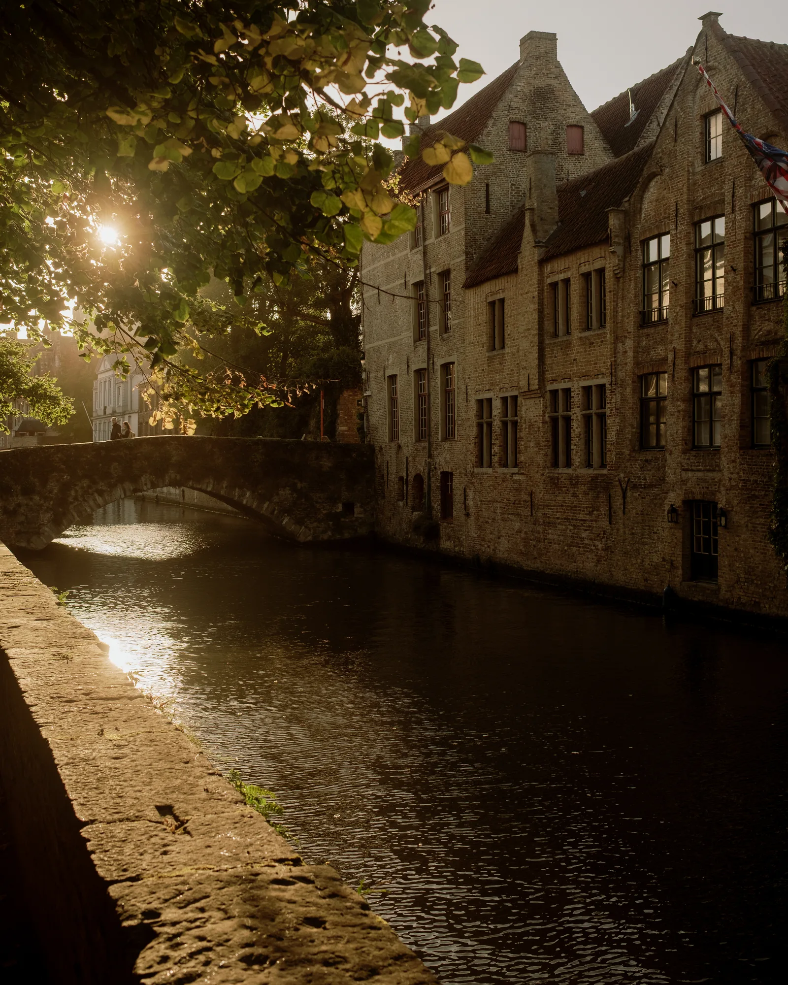Sun through leaves over a Bruges canal with a stone bridge and old brick houses